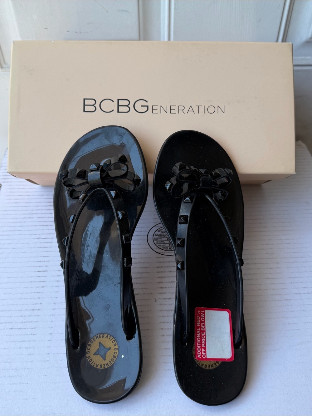 BCBGeneration Black Jelly Bow Flip Flops Size 8